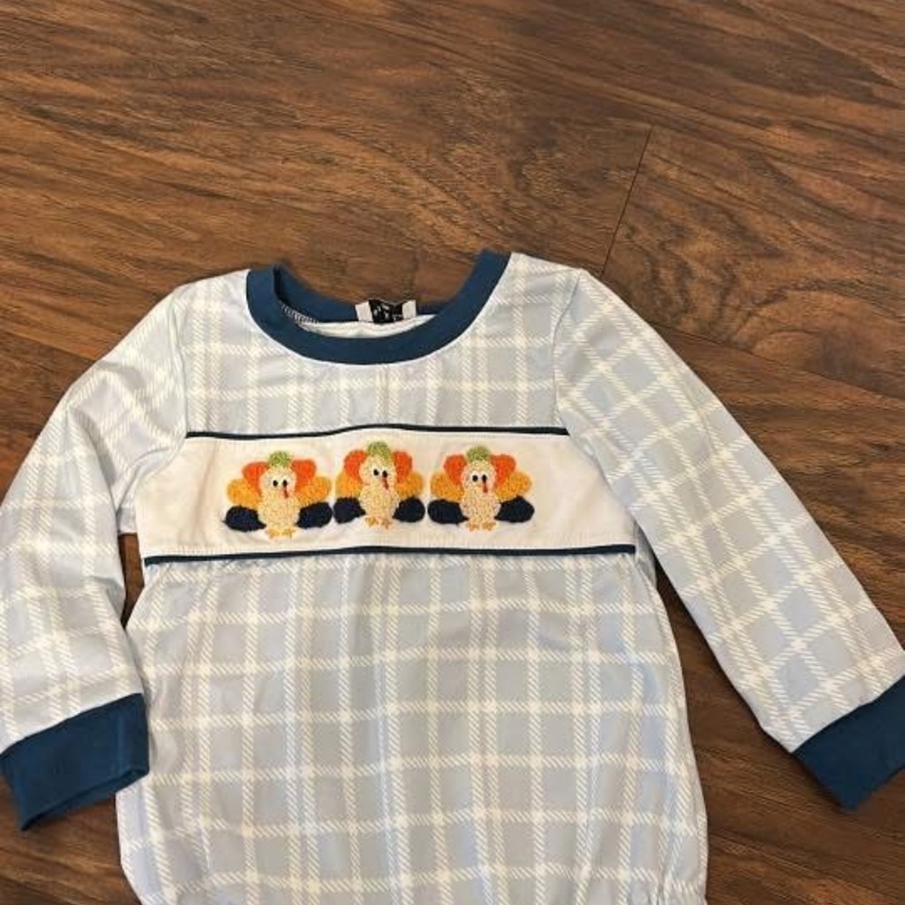 Baby Blue Plaid One-Piece Bodysuit with Turkey Embroidery